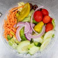 Garden Salad · Lettuce, tomatoes, red onion, carrots, peppers, cucumbers, and pepperoncini.