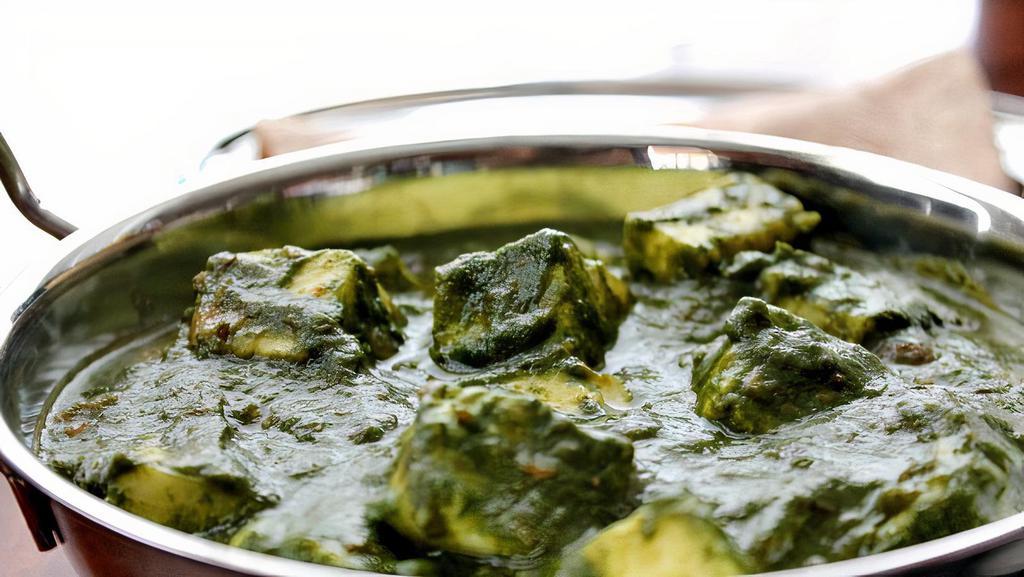Saag Paneer · Finely cut garden-fresh spinach cooked with paneer & fresh herbs.