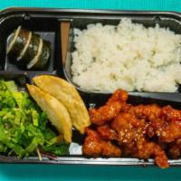 Chicken Teriyaki Bento Box · Japanese style marinated chicken served  with white rice, freshly made kimbap, side of dumpl...