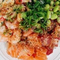 Poke City Special · Salmon, tuna, shrimp, seaweed salad, pineapple salsa, cucumber, edamame, scallion, furikake,...
