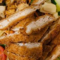 Crispy Chicken Salad · MIXED GREENS, TOPPED WITH CRISPY CHICKEN STRIPS, HARDBOILED EGG, TOMATOES, CUCUMBERS, AMERIC...