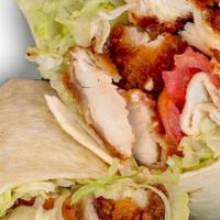Buffalo Chicken  Wrap · CRISPY CHICKEN TOSSED IN BUFFALO SAUCE, BLUE CHEESE, LETTUCE  & TOMATO. SERVED ON YOUR CHOIC...