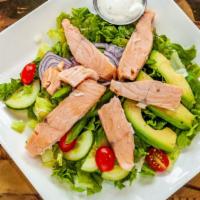 Salmon Salad · Specialty. Salmon, mixed greens, carrots, celery, almonds, pecans, cranberries, cucumber, ma...