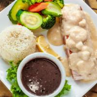 Salmon Mexicano · Specialty. Salmon fillet topped with shrimp, scallops and creamy sauce with side of white ri...