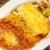 Enchiladas · Two corn tortillas, Mexican rice, refried beans, lettuce, guacamole, sour cream and pico de ...