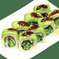 Caterpillar Roll · Unagi, cucumber and tobiko inside, topped with avocado and eel sauce.