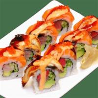 Happy Roll · Yellowtail, cucumber and avocado inside, topped with unagi, salmon, tobiko, eel and spicy ma...