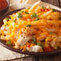 Chicken Cheese Fries · Golden crispy fries salted and fried to perfection and topped with seasoned chicken and melt...