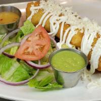 Chimichanga · Wrapped deep fried tortilla with mozzarella cheese, topped with mexican cheese & sour cream,...