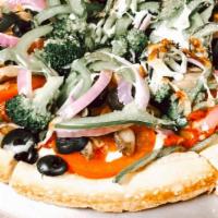 The Ultimate Veggie · Baby spinach, broccoli, mushrooms, tomatoes, red onions, green peppers, olives, sauce & chee...