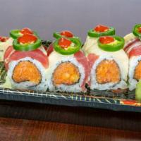 Kiss The Fire · Spicy. Spicy salmon roll jalapeno pepper, topped with white tuna and yellow fin tuna.