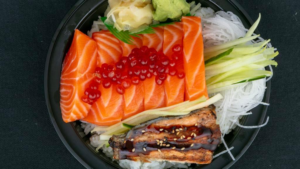 Fancy Sake Don · Salmon sashimi, grilled salmon, salmon roe over rice.