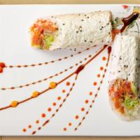Sb01. Cosmo Sushi Burrito · Spicy. Spicy fresh tuna, tobiko, avocado, cucumber, crabmeat, mixed green with yummy sauce a...