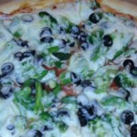 Vegetarian Pizza · Broccoli, black olives, mushroom, green pepper, and onion.