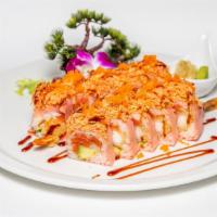 Koto Roll · Shrimp tempura, spicy tuna and avocado topped with spicy crab salad and tobiko.