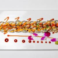 Volcano Roll · Tuna, yellowtail, white tuna, salmon, and asparagus, deep-fried with house special sauce, to...