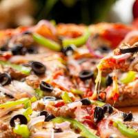The Brooklyn Special · Pepperoni, Canadian bacon, black olives, green peppers, mushrooms, & onions.