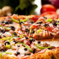 Veggie · Mushrooms, black olives, green peppers, onions, tomatoes, & mozzarella cheese.