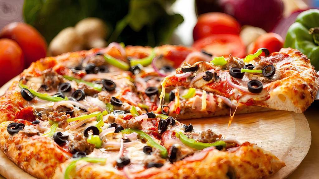 Veggie · Mushrooms, black olives, green peppers, onions, tomatoes, & mozzarella cheese.