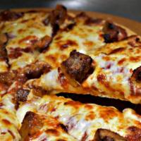 Philly Cheese Steak Pizza · steak, onion, green pepper, mushroom & mozzarella cheese.