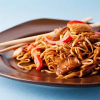 Chicken Crispy Stir-Fried Noodles · Delicious fried egg noodles topped with grilled chicken and stir-fried vegetables.