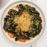 Squid Ink Casarecce Appetizer · lobster & crab ragu, confit tomatoes, broccoli rabe, lemon bread crumbs {NF}