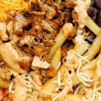 Chicken California Bowl* · Your choice bowl served with grilled chicken, fries, mexican rice, black beans guacamole, pi...