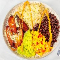 Plantain Bowl* · Your choice bowl served with Sweet plantains, mango salsa, guacamole, cilantro rice, black b...