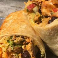Grilled Chicken Burrito* · Grilled chicken, mexican rice, black beans, pico de gallo, lettuce, cheese, salsa verde