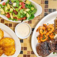 Carne A La Vinagreta (Con Camaron)/Marinated Steak With Shrimp  · With your choice of 3 sides