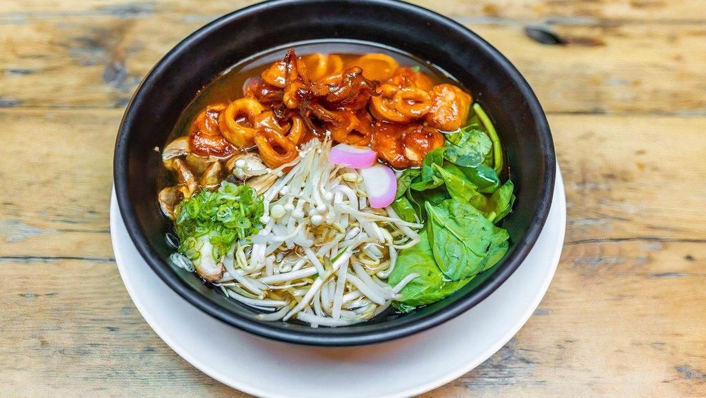 Spicy Seafood Udon · shrimp, squid & scallop udon soup. in spicy broth; seasonal veggies