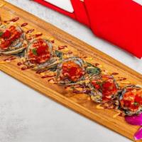 Pfc Roll · Tempura fried California roll topped with spicy tuna, red tobiko, scallion, spicy mayo, eel ...
