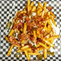 Loaded Society Fries · Topped with Melted  Cheddar Cheese, Bacon Jam and Jalapenos