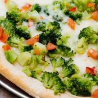 Special White Vegetarian Pizza - Large · Broccoli, spinach, mushrooms, green peppers, onions and chopped plum tomatoes.
