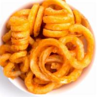 Red Chili Curly Fries · Curly fries decorated with red chili sauce.