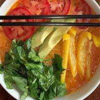 Thai Curry Noodles · Noodles mung bean noodles, bell pepper, tomato, avocado, red curry cashew broth.