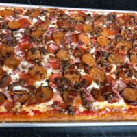 The Meat'Za Large Rectangle Pizza · Artisanal pepperoni, local hot Italian sausage, city ham, benton's bacon, mozzarella, and to...