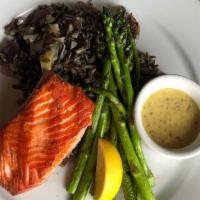 Salmon · Pan seared salmon filet served with grilled asparagus, roasted red onion wild rice, mustard ...