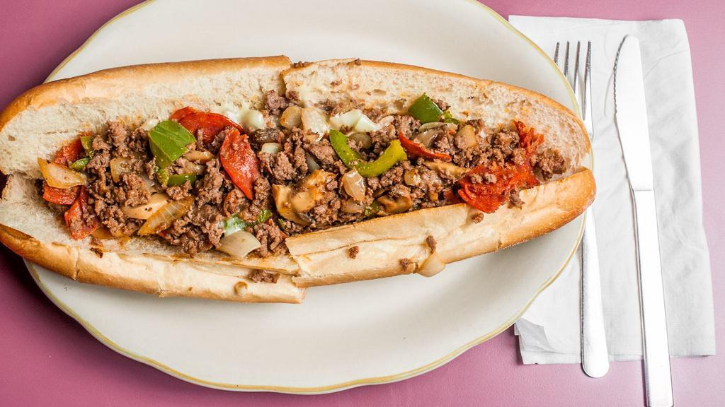 Hot Spot Special Steak · Green pepper, mushroom, onion, pepperoni and cheese. 100% pure sirloin steak on an Italian roll, garnished to a tasty delight.