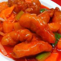 #8. Sweet & Sour Chicken Combination Platter · Served with Roast Pork Fried Rice and Egg Roll