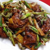 Pork With Scallions In Black Bean Sauce  · Served with steamed rice.