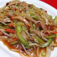 Roast Pork Chow Mein · served with crispy fried noodles and steamed rice