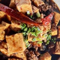 Ma Po Tofu (Large) · Hot & spicy. Ground Meat, Onion, Pea & Carrot, Scallion in Chili Sauce.