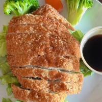 Chicken Katsu With Rice & Tonkatsu Sauce · Fried boneless chicken dredged in flour golden brown crispy with broccoli & carrot in tonkat...