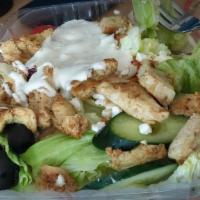Stir Fry Chicken Salad · Romaine and iceberg blend, all natural grilled chicken, topped with cooked grilled peppers, ...