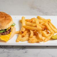  Cheese Burger  Platter · 100% All beef patties  with your choice of cheese. Lettuce, tomato and mayonnaise on a brioc...