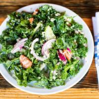 Kale Quinoa · Kale, arugula, quinoa, roma tomatoes, cucumbers, and red onions, tossed in a lemon Parmesan ...