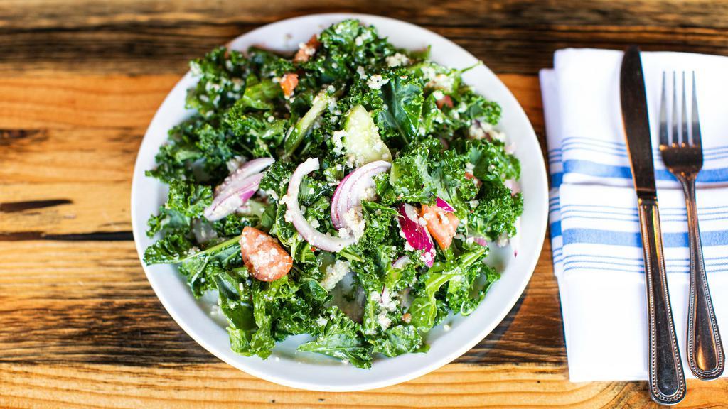 Kale Quinoa · Kale, arugula, quinoa, roma tomatoes, cucumbers, and red onions, tossed in a lemon Parmesan dressing.