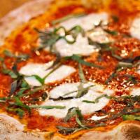 Margherita · Red sauce and fresh Mozzarella, finished with a drizzle of olive oil, pinch of sea salt and ...