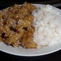 Honey Sesame Chicken Value Combo · Honey Sesame Chicken alongside a generous heaping of steamed rice.